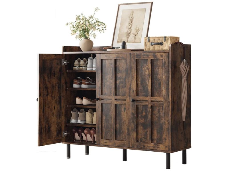 Entryway Metal Shoe Storage Cabinet 2 Tier Adjustable Shelves Brown image number 0