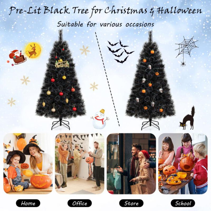 Hivvago Black Artificial Halloween Christmas Tree with PVC Branch Tips and Cool White LED Lights