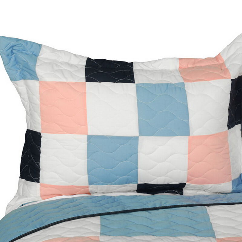 3 Piece Queen Patchwork Quilt Set with Hand-Stitched Design and Reversible Style-Pink image number 2