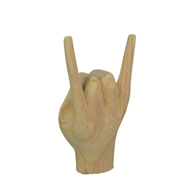 Carved Wooden Rock On Devil Horns Hand Gesture Statue Natural Finish Home Decor image number 2