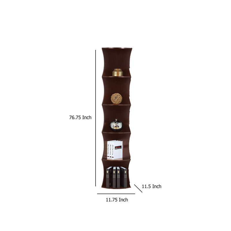 Corner Bookcase, 5 Storage Shelves, 77 Inch Tall, Red Cocoa Brown - Benzara