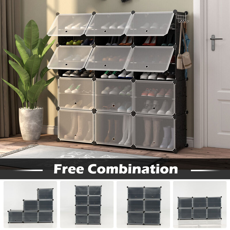 12-Cube 48 Pairs Portable Shoe Shelves with Hook-Black