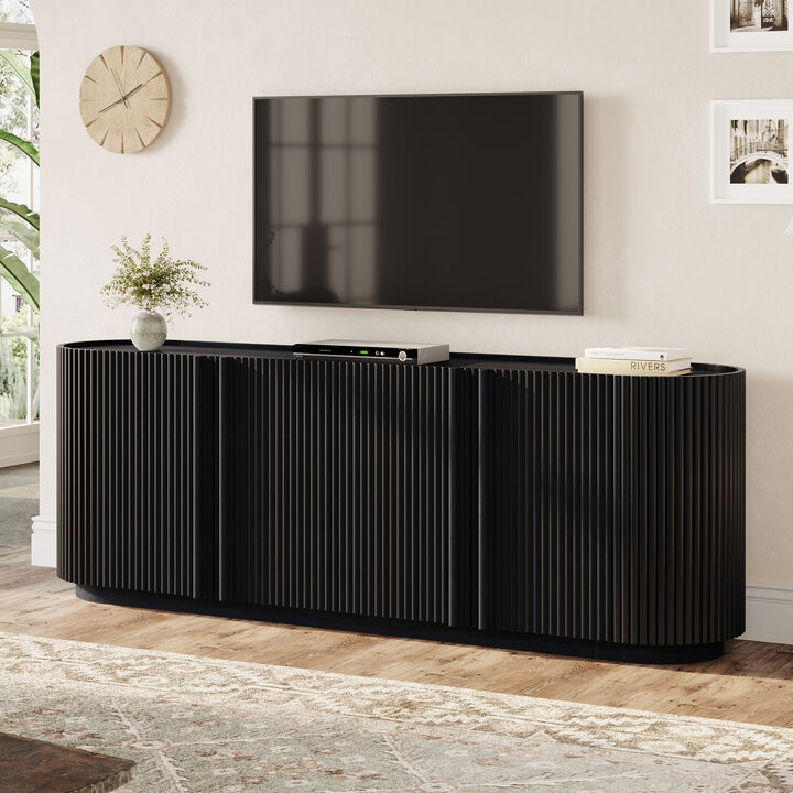 Merax Modern Fluted Media Console with 2 Adjustable Shelves, 4 Cable Holes, Rounded Edges
