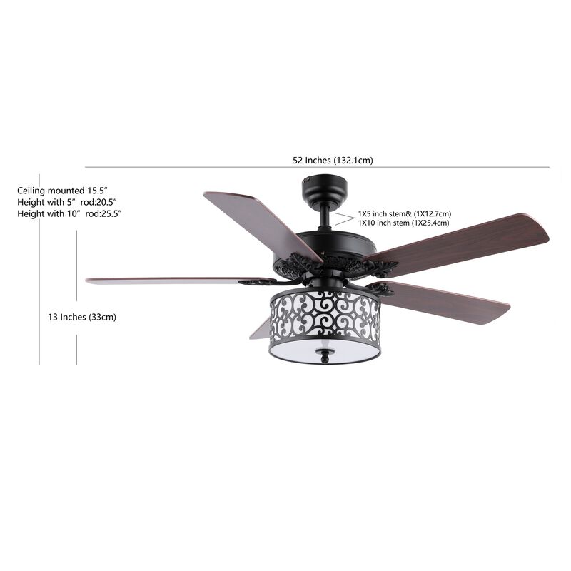 Paolo 52" 3-Light Farmhouse Industrial Iron Scroll Drum Shade LED Ceiling Fan With Remote, Black/White