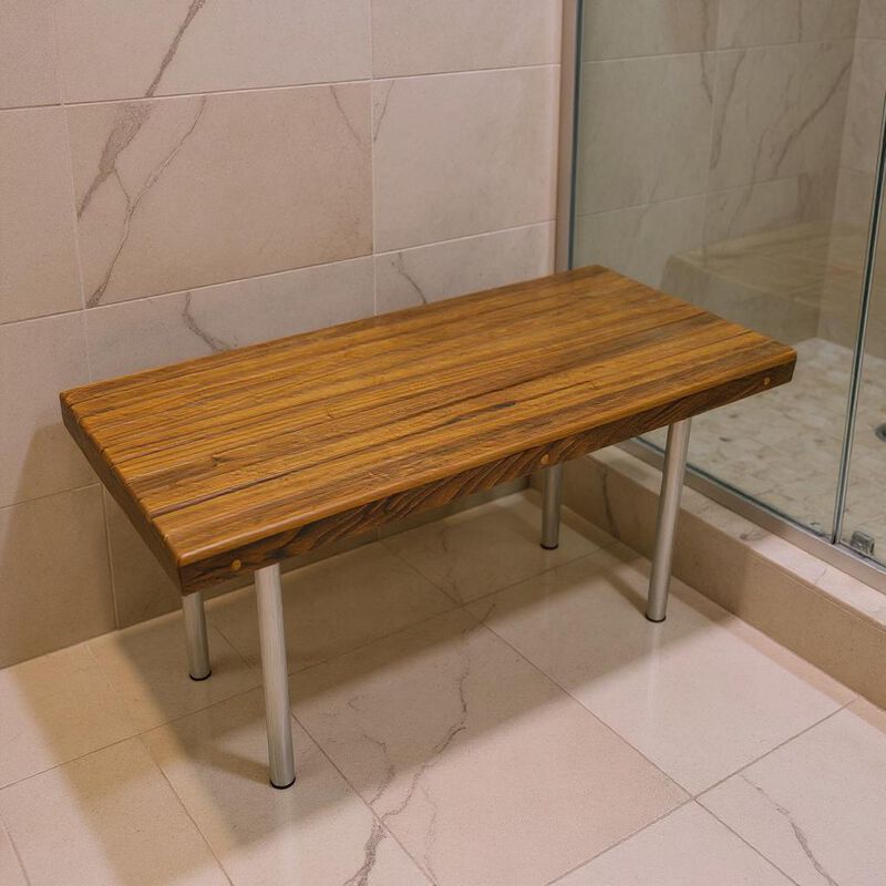 HomeRoots 18" X 48" Brown Teak Wood And Stainless Steel Rectangular Shower Bench image number 1