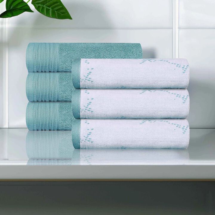 6 Piece Cotton Hand Towel Set with Marble Jacquard and Solid Designs