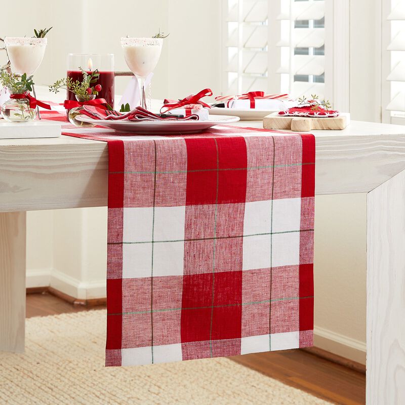 Solino Home Very Merry Plaid 100% Linen Table Runner &ndash; Handcrafted, Machine Washable, Perfect for Holiday and Everyday Dining