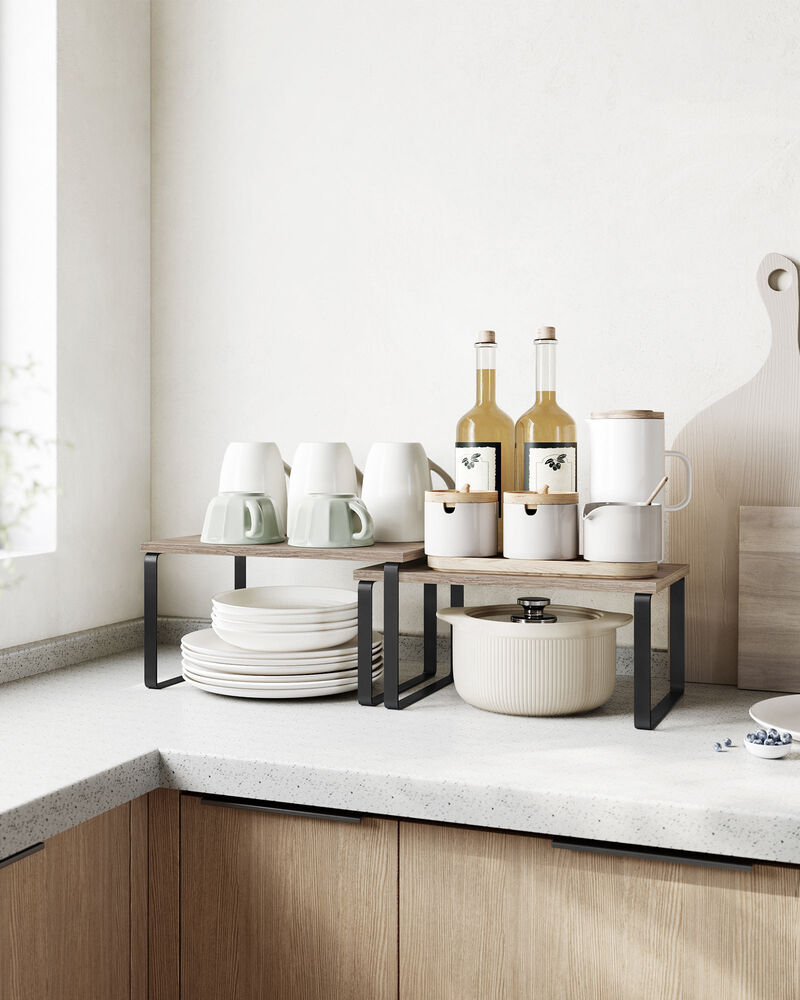 Expandable and Stackable Cabinet Shelf Organizer &ndash; Metal and Bamboo Kitchen Counter Shelves, Set of 2