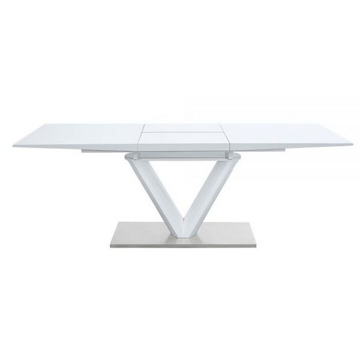 63-86 Inch Dining Table, Butterfly Extension Leaf, V-Shaped Base, White - Benzara