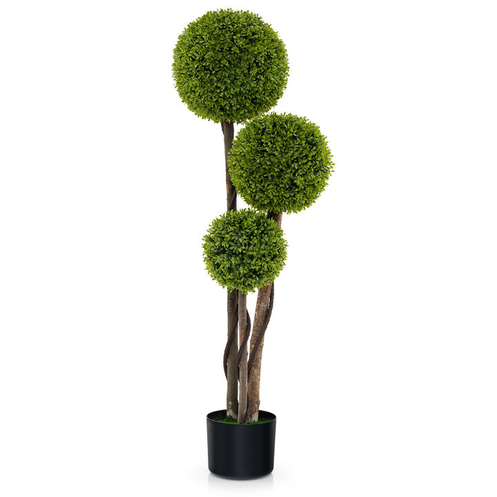 Faux Boxwood Topiary Plant with Triple Ball Design for Home Office Entryway-Green