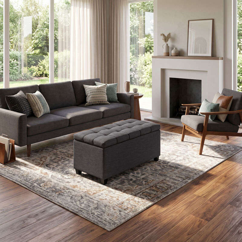 Sienna 33 inch Wide Transitional Rectangle Storage Ottoman Bench in Slate Grey Linen Look Fabric, Assembled image number 2