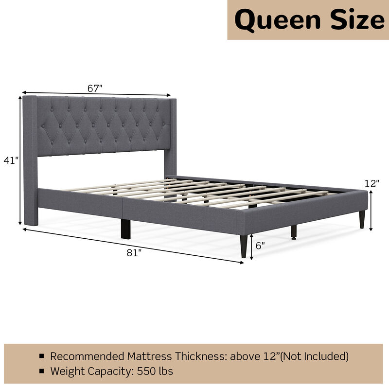 Queen Size Upholstered Platform Bed with Button Tufted Wingback Headboard