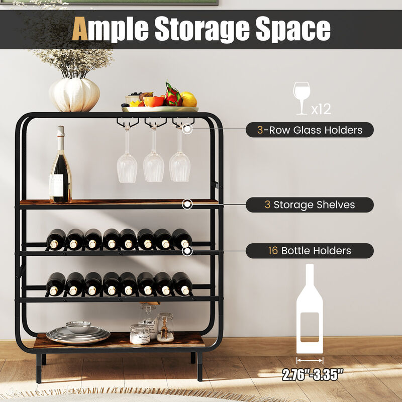 16 Bottle Wine Rack with 5-Tier Wine Shelf and Glass Holders for Kitchen Bar