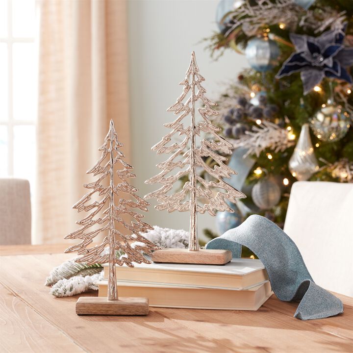 Set of 2 Metal Christmas Trees with Wooden Base &ndash; Rustic Holiday Accent for Tabletop or Entryway Styling