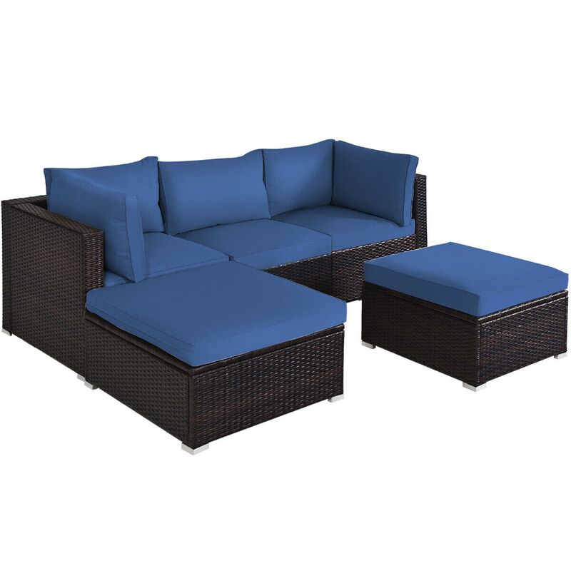 5 Pieces Patio Rattan Sofa Set with Cushion and Ottoman