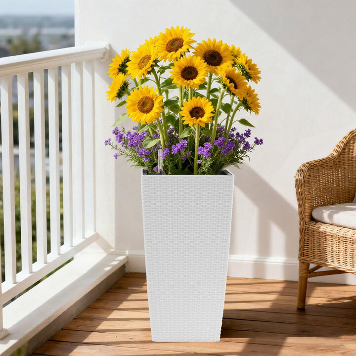 WOW PIONEER Set of 2 Square 22-Inch High Planters with Faux Rattan Design and Automatic Watering System for Porch Patio Backyard to Simplify Plant Care
