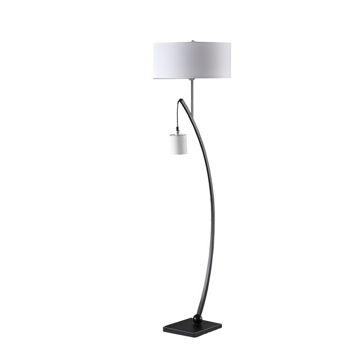 Jiya 59 Inch Arc Floor Lamp, Hanging Design, 2 White Drum Shades, Black - Benzara