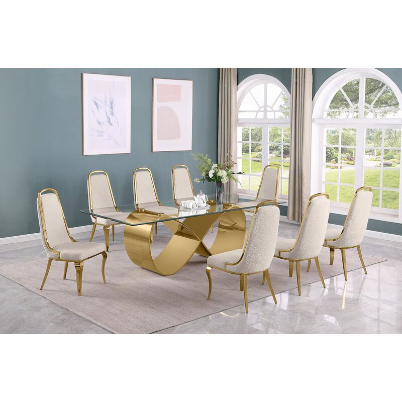 Best Quality Furniture 9Pc Tempered Glass Dining Set With 8 Cream Boucle Side Chairs And A Gold Base