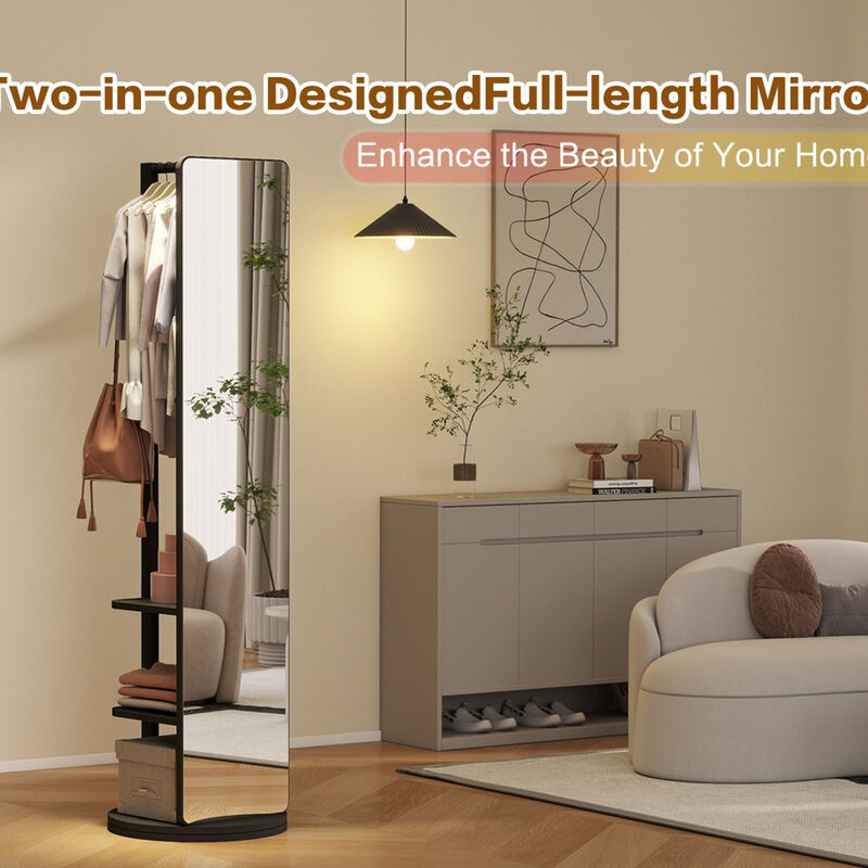 ELEMENT ACE 360&deg; Rotating Multifunctional Full Length Mirror with Hook Storage Rack Coat Rack Solid Wood Floor Mirror for Bedroom Living Room Cloakroom Space Saving image number 4