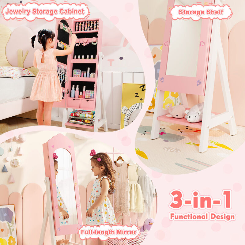 Kids Jewelry Organizer with Full-Length Mirror, Drawers, and Storage Shelves