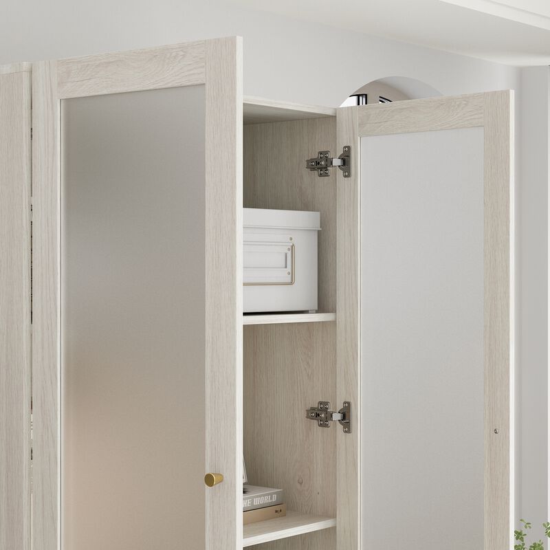 FUFU&GAGA Modern White Food Pantry Cabinet with Adjustable Shelves and Lockable Drawers (31.5" W x 70.9" H x 15.7" D), Wood Grain Finish with Brass Pull Handles