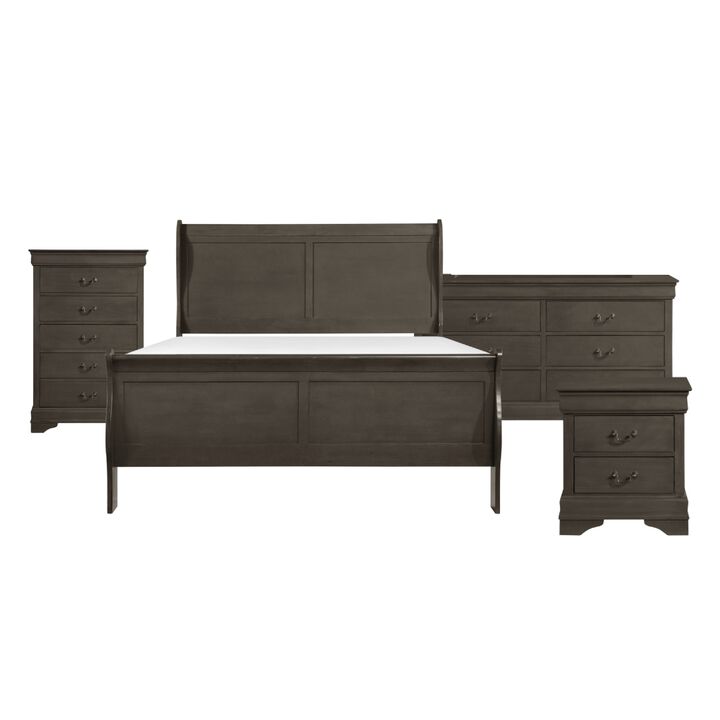 Queen Size Bedroom Set, Traditional Carved Wood Design, Gray Finish, 4-Piece Set with Bed, Nightstands and Dresser