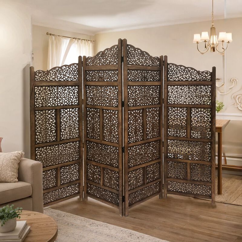 Benzara Hand Carved Foldable 4 Panel Wooden Partition Screen/RoomDivider,Brown image number 5