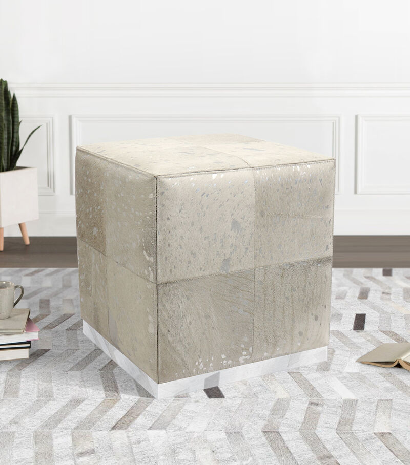 Pasargad Home Safari Steel & Cowhide Silver Ottoman image number 1