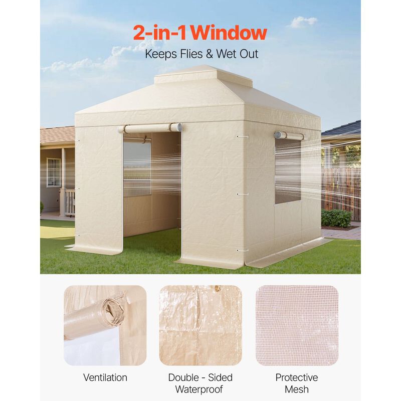 PE Gazebo Winter Cover with Sidewalls, Double-Tier Roof & Mesh Window Enclosure-Beige image number 7