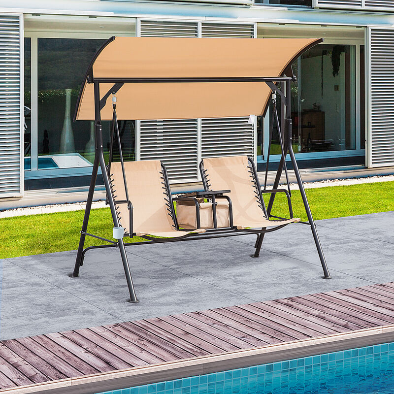 Outsunny 2-Seat Patio Swing Chair, Outdoor Canopy Swing Glider with Pivot Storage Table, Cup Holder, Adjustable Shade, Bungie Seat Suspension and Weather Resistant Steel Frame, Beige