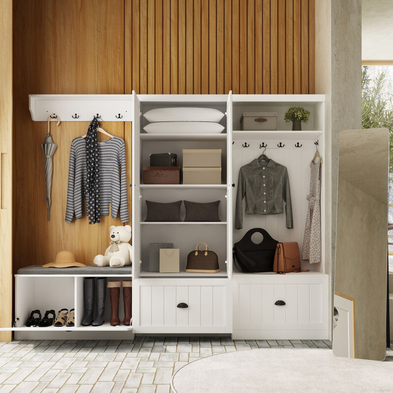 FUFU&GAGA White Storage Combo, Shoe Bench with Soft Seat, Hidden Wardrobe & Open Coat Rack - Textured Finish, Black Handles (86.8 in. W x 17.7 in. D x 70.9 in. H) image number 3
