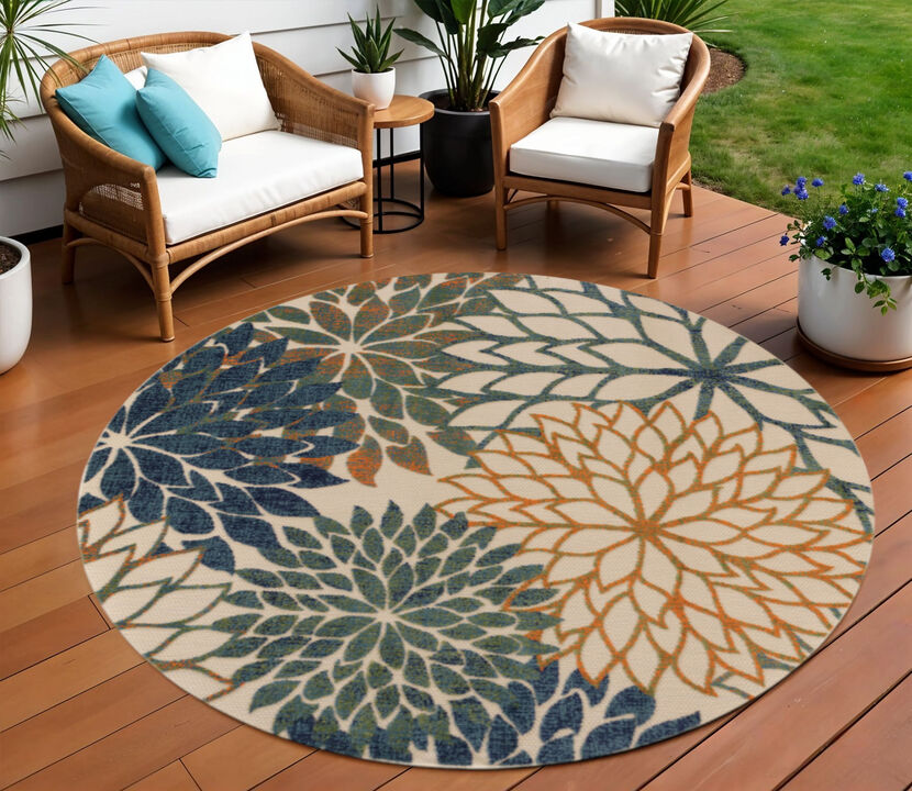 HomeRoots 8' Blue Green And Orange Round Floral Indoor Outdoor Area Rug