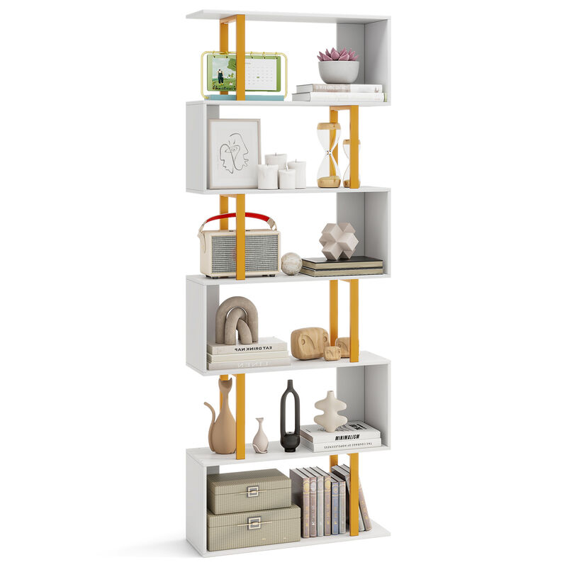 6-Tier Geometric Bookcase with Metal Frame and Dual Anti-Tipping Kits