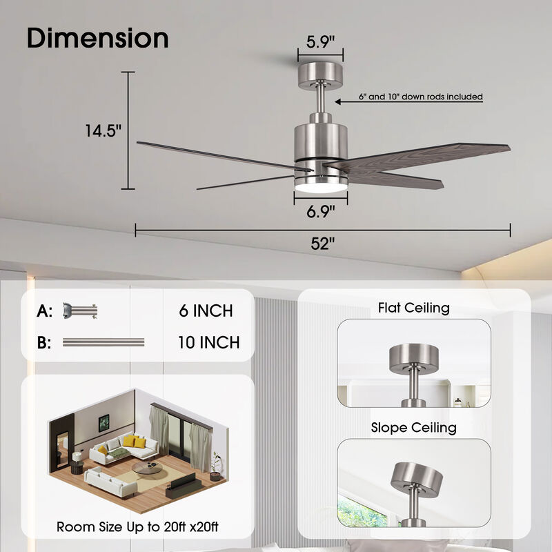 52 in. Sand Nickel Integrated LED 6-Speed Ceiling Fan with Light and Remote