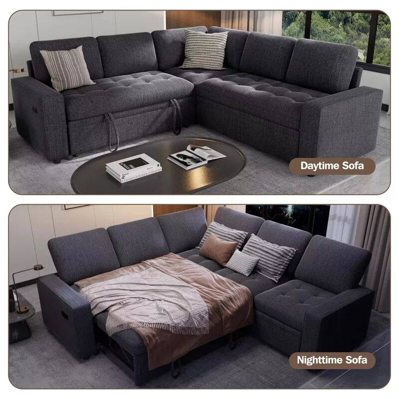 Vipbear 79" 5-Seat L-Shaped Sectional Sleeper Sofa Bed, Chenille Pull-Out Couch with Backrest image number 2