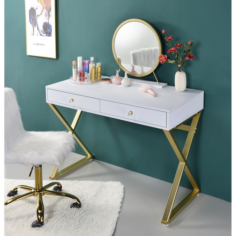 Coleen Vanity Desk w/Mirror & Jewelry Tray in White & Gold Finish