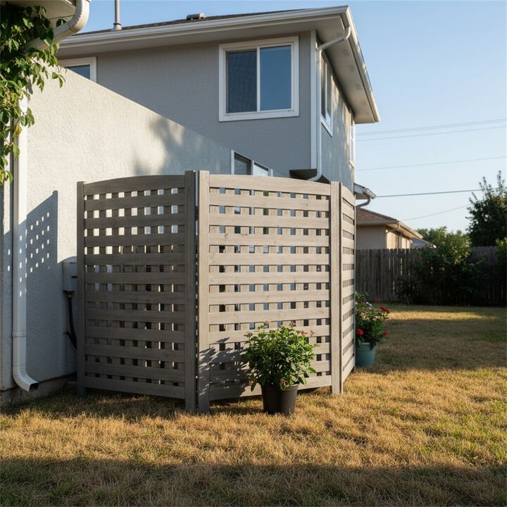 3-Panel Outdoor Air Conditioner Fence Screen, 32" W x 38" H Outside Wood Privacy Fence,Grey