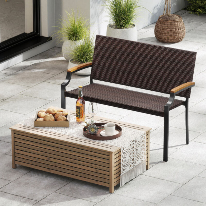 Wicker Patio Loveseat Chair Featuring Acacia Wood Armrests and Metal Frame