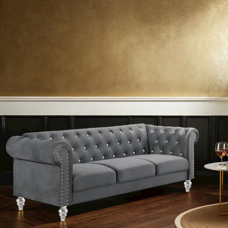 Velvet Fabric Sofa with Rolled Arms in Gray, Elegant Living Room Seating image number 4