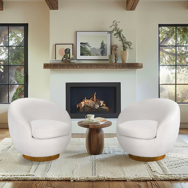 INK+IVY Jessel Shearling Sherpa Swivel Chair with Wood Base in Cream Color