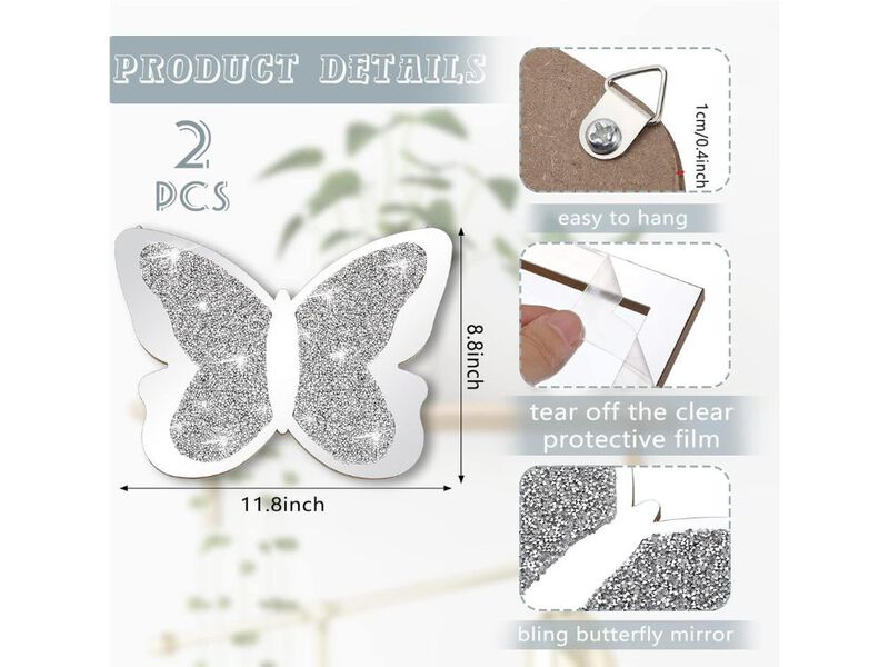Butterfly Wall Accent Decor Set of 2 Silver Crystal Art for Bedroom Living Room image number 2