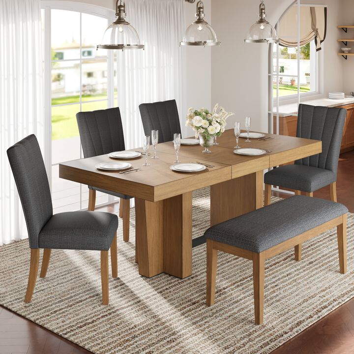 Merax Solid Wood Extendable Dining Table Set with 4 Cushioned Chairs & Bench