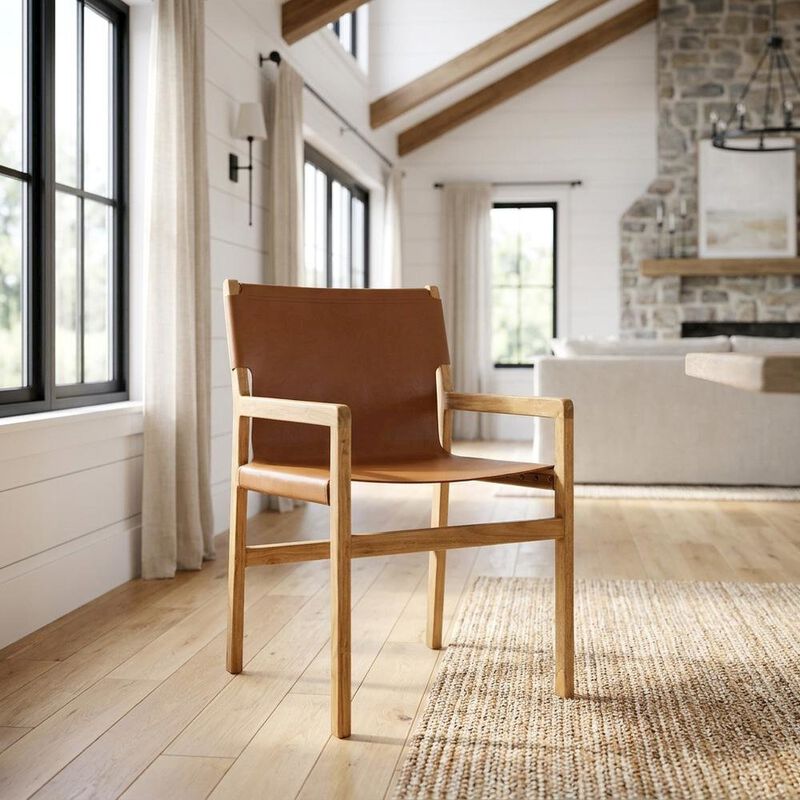 Leather Dining Accent Chair with Armrests, Chestnut Tan image number 3