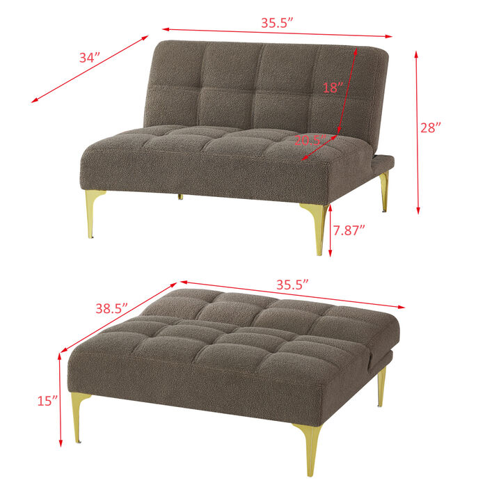 Convertible sofa bed single chair futon with gold metal legs teddy fabric (Taupe)