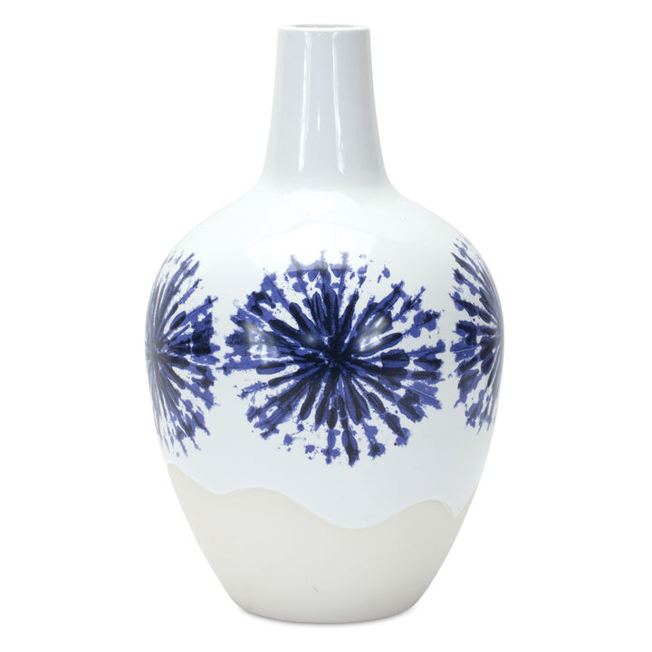 HomeRoots 11" White And Blue Geometric Medallion Ceramic Urn Vase