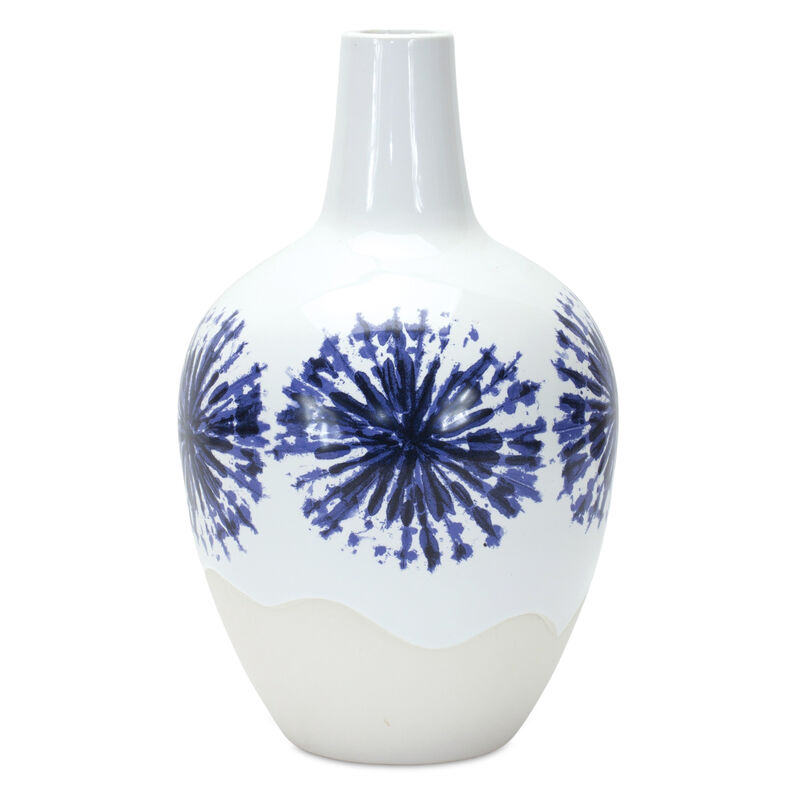 HomeRoots 11" White And Blue Geometric Medallion Ceramic Urn Vase image number 0
