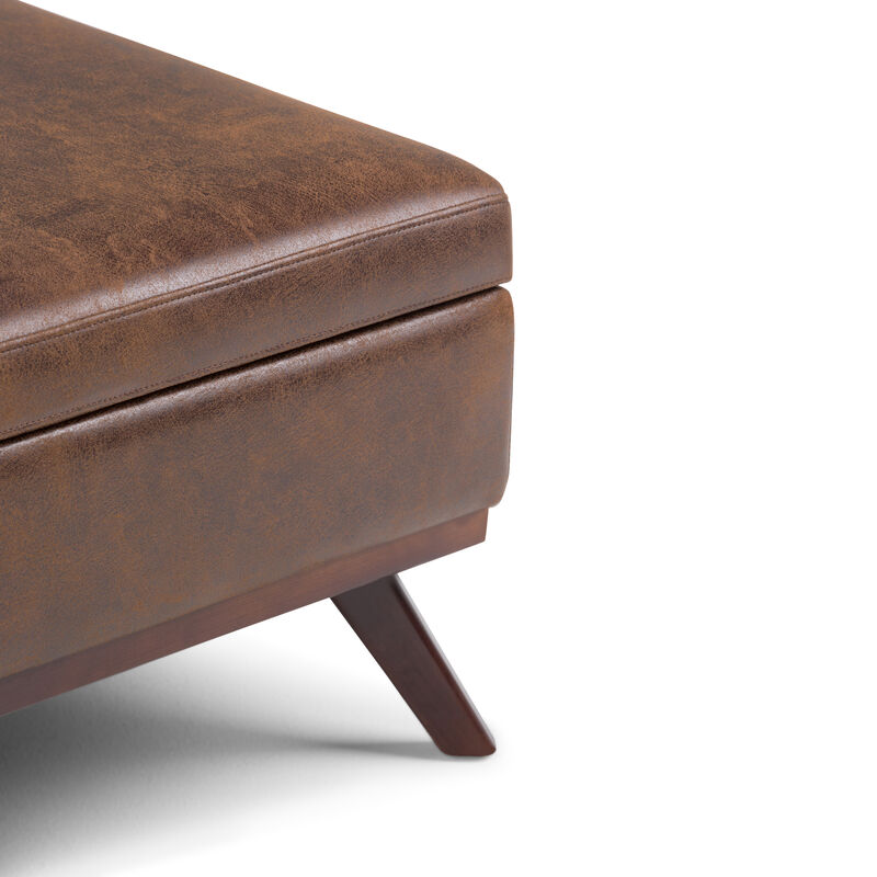 Owen Square Coffee Table Storage Ottoman in Distressed Chestnut Brown Faux Air Leather