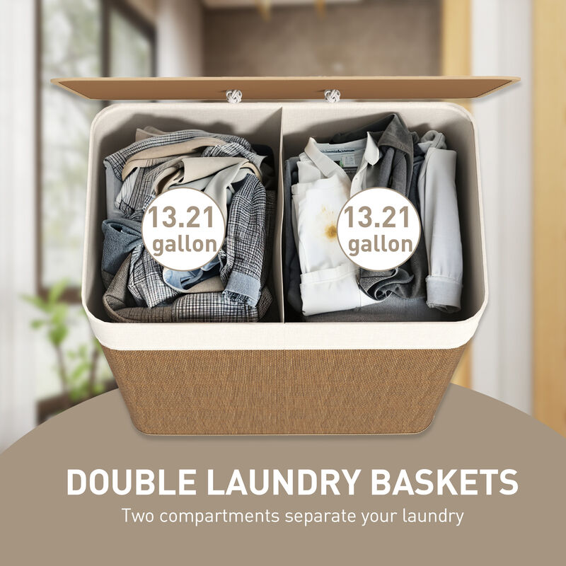 Hivvago Double Compartment Bamboo Laundry Basket with Liner image number 3