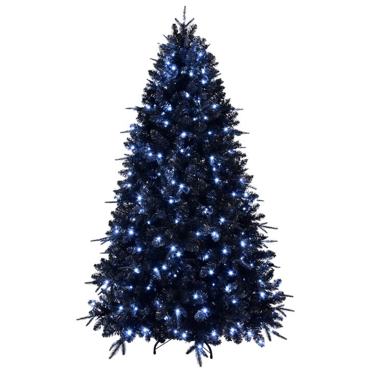 8 ft. Black Christmas Tree Pre Lit with 600 White LED Lights PE PVC Hinged 2486 Tips with Metal Stand