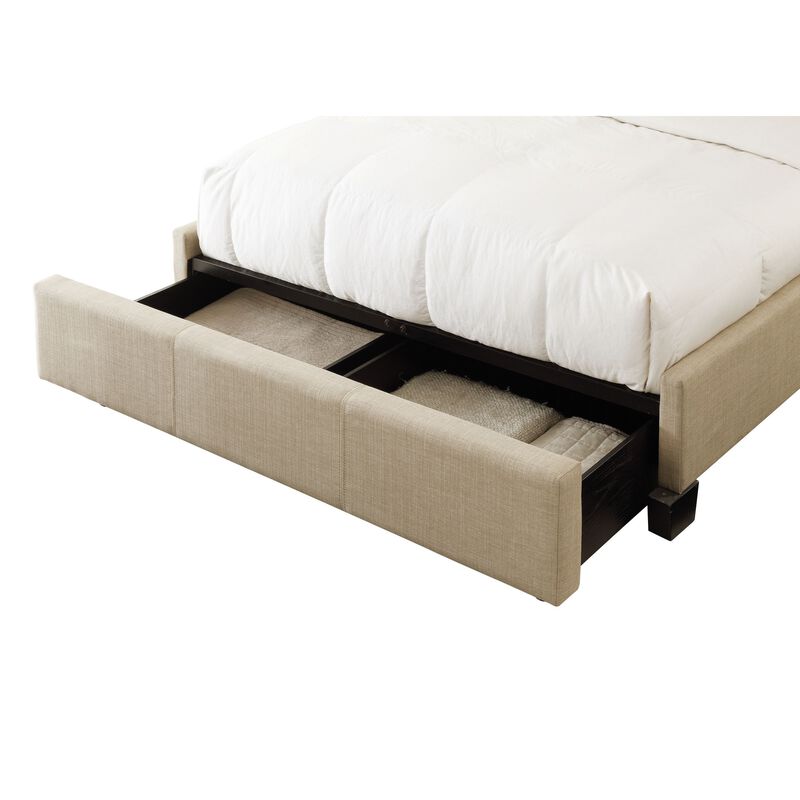 Pax Queen Bed, Storage Footboard, Button Tufted Upholstery, Beige Linen - Benzara